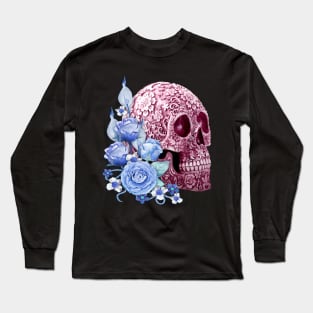 Unique Cool Pink Floral Blue Flowers Skull Long Sleeve T-Shirt